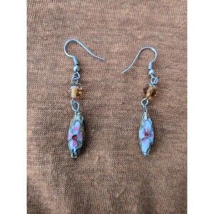 Vintage Cloisonne Silver Earrings, Pink Gold Flower Earrings Fish Hook